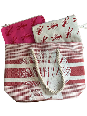 Striped Shell Print Beach Tote Bag with Pink Lobster Swim Pouches